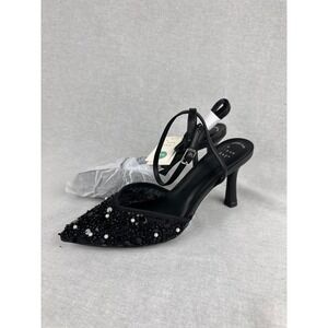 A New Day Women Black Sequin Pearl Embellished Pointed Toe Ankle Strap Heels 9.5